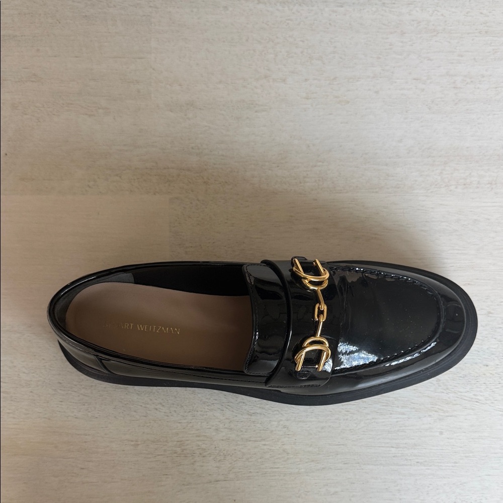 Stuart Weitzman Black Patent Leather Loafer with Gold Horsebit